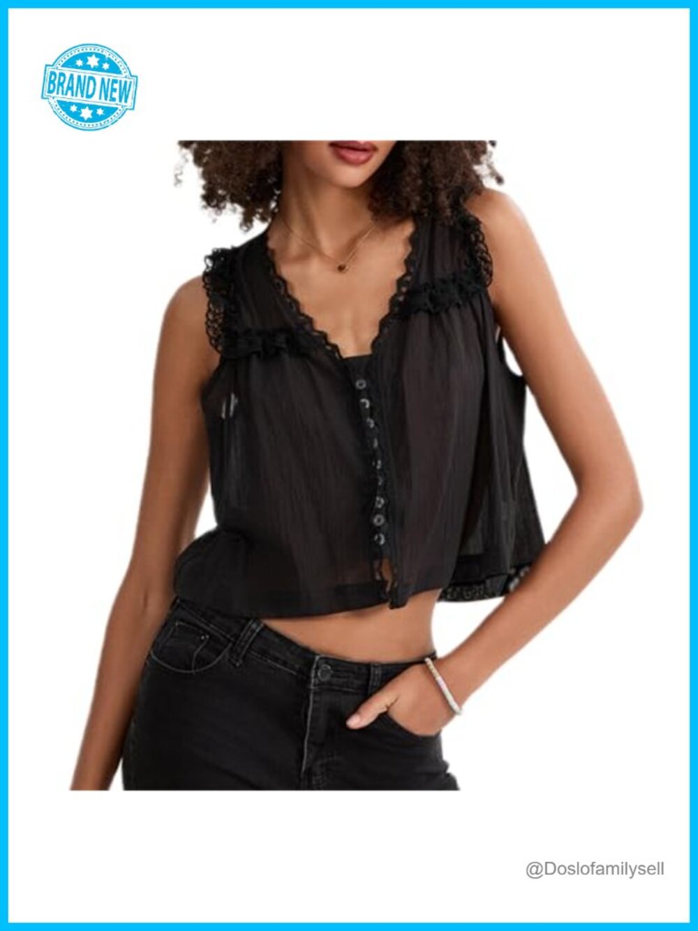 Women Lace Trim Sleeveless Button Down Crop Tank Top Cami Y2k Summer Shirt